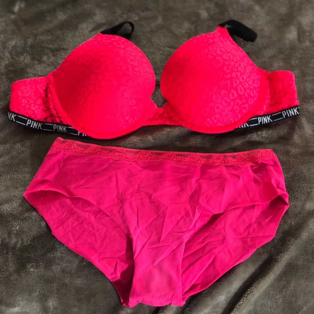 PINK neon pink bra and panty set (36C)(S)
